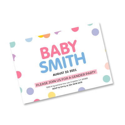 Colorful gender reveal party invitation announcement on a 8.5x5.5 inch card printed on 110# Premium Uncoated Matte quality paper stock.