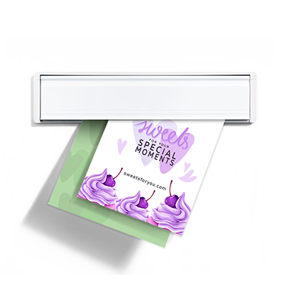 Beautiful bright and vibrant full-color postcards being delivered through a mail slot