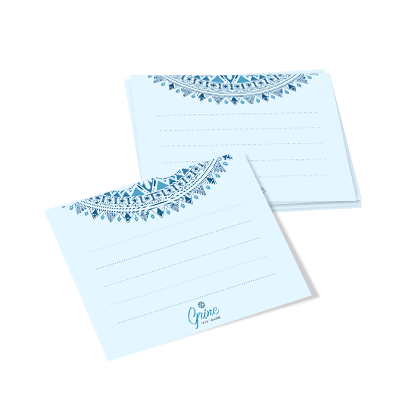 Beautiful blue notecards with a stream of decoration at the top, perfectly branded at the bottom