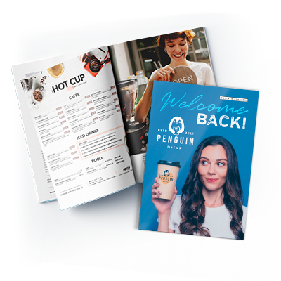 Welcome Back! Full-sized, Full-color, saddle stitched 8.5"x11" booklets. One closed and one opened.